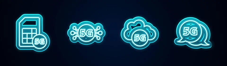 Set line 5G Sim Card, network, Cloud and . Glowing neon icon. Vector Stockillustratie