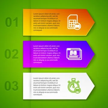 Set line 5G Sim Card, network, Digital speed meter and . Business infographic Illustrazione stock