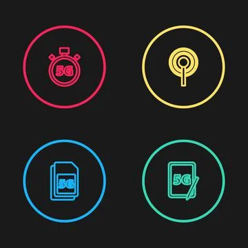 Set line 5G Sim Card, Graphic tablet with, Antenna and Digital speed meter icon Stock Illustration