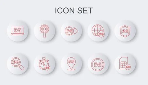 Set line 5G Sim Card, Search network, Laptop with, Antenna, Digital speed meter Stock Illustration