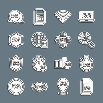 Set line 5G Sim Card, Digital speed meter, Search network, Wi-Fi wireless, Globe Stock Illustration