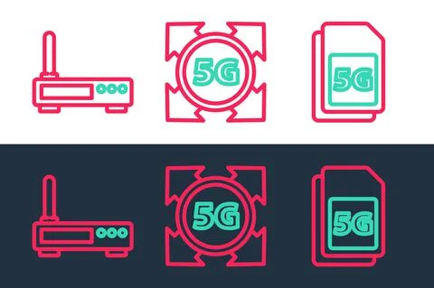 Set line 5G Sim Card, Router and wi-fi signal and network icon. Vector Stock Illustration