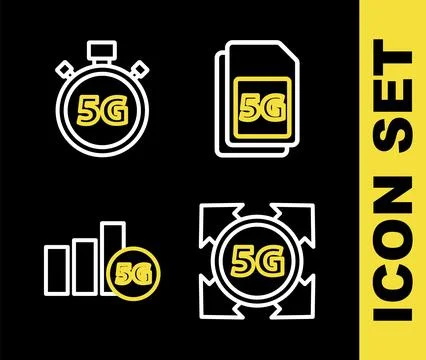 Set line 5G Sim Card, network, and Digital speed meter icon. Vector イラスト素材