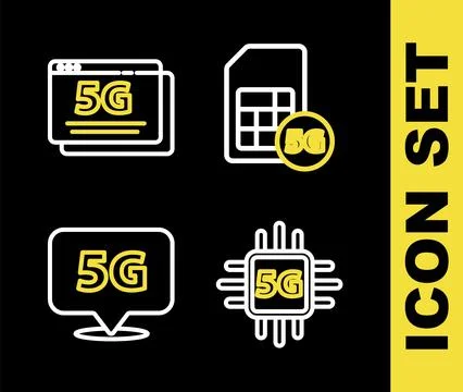 Set line 5G Sim Card, Processor, Location network and  icon. Vector Stock Illustration