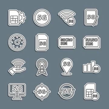 Set line 5G Sim Card, network, Nano, Digital speed meter, card setting and .. Stockillustratie