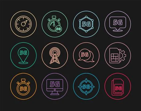 Set line 5G Sim Card, card setting, network, Antenna, Location, Digital spe.. Stock Illustration