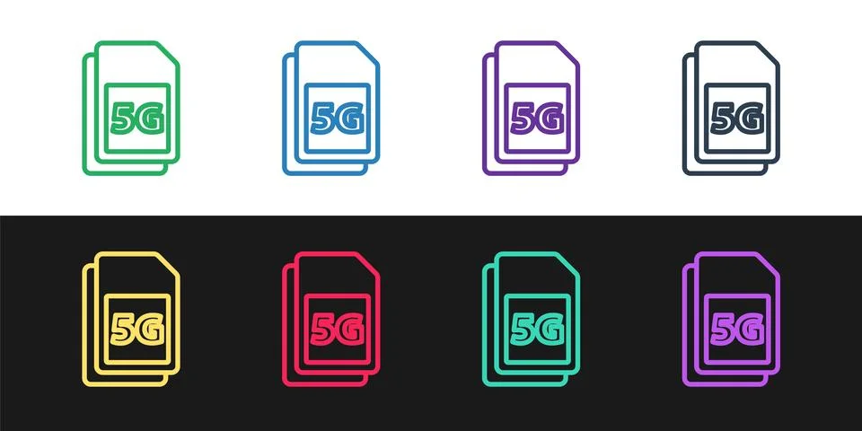 Set line 5G Sim Card icon isolated on black and white background. Mobile and  Stock Illustration