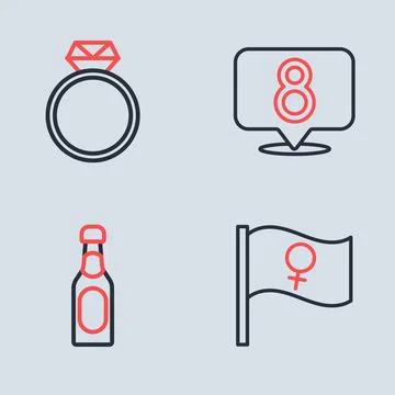Set line 8 March, Champagne bottle, Feminist activist and Diamond engagemen.. Stock Illustration