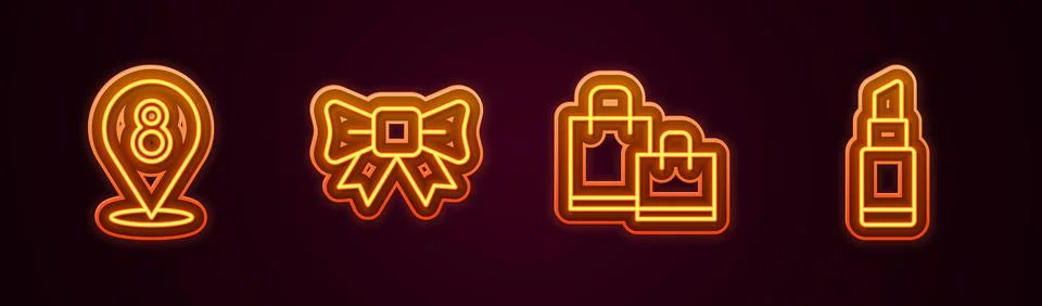 Set line 8 March, Gift bow, Paper shopping bag and Lipstick. Glowing neon i.. Stock Illustration