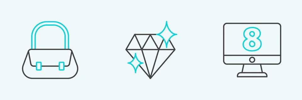 Set line 8 March on monitore, Handbag and Diamond icon. Vector Illustration