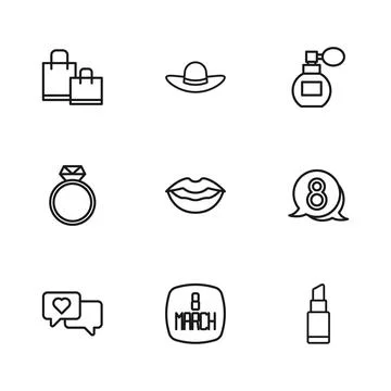 Set line 8 March, in speech bubble, Lipstick, Smiling lips, Perfume, Paper .. Stock Illustration