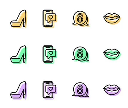 Set line 8 March in speech bubble, Woman shoe, Mobile with heart and Smilin.. Stock-Illustration