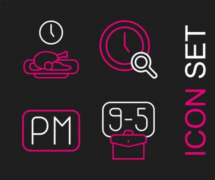Set line From 9, Day time, Magnifying glass with clock and Food icon. Vector Stock Illustration