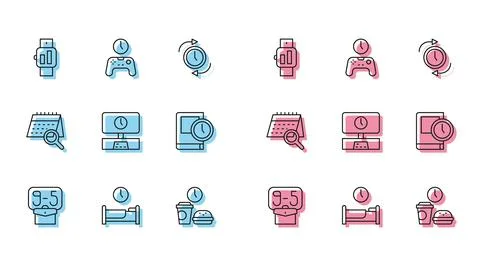 Set line From 9, Time to sleep, Smartwatch, Fast food time, Tv, for book Illustrazione stock