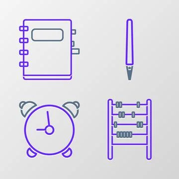 Set line Abacus, Alarm clock, Pen and Notebook icon. Vector Stock Illustration