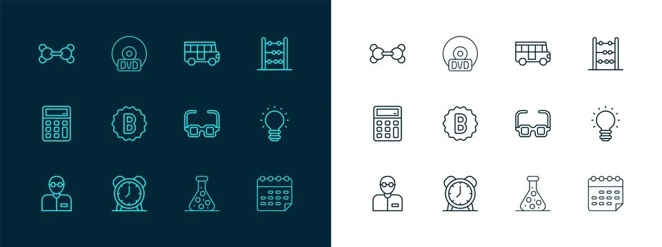 Set line Abacus, Alarm clock, Glasses, Test tube, Exam paper with incorrect.. Illustrazione stock