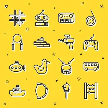 Set line Abacus, Bus toy, Gamepad, Toy piano, building block bricks, Jump r.. Illustrazione stock