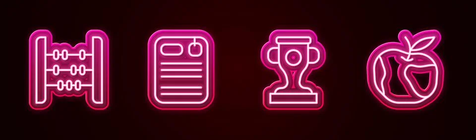 Set line Abacus, Dossier folder, Award cup and Apple. Glowing neon icon. Vect Illustrazione stock