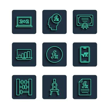 Set line Abacus, Drawing compass, Function mathematical symbol, Certificate Stock Illustration