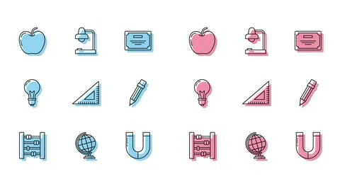Set line Abacus, Earth globe, Apple, Magnet, Triangular ruler, Pencil with Illustrazione stock
