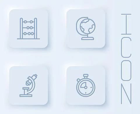 Set line Abacus, Earth globe, Microscope and Stopwatch. White square button Stock Illustration