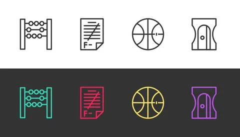 Set line Abacus, Exam paper with incorrect answers, Basketball ball and Pencil 스톡 일러스트