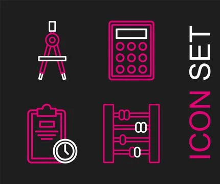 Set line Abacus, Exam sheet with clock, Calculator and Drawing compass icon.  Stock Illustration