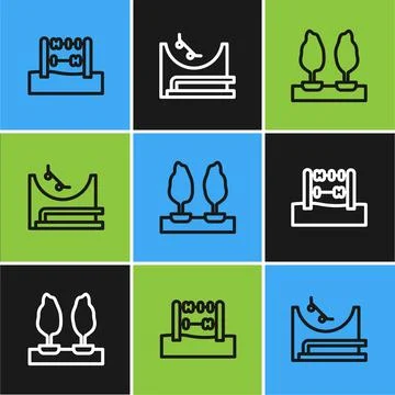 Set line Abacus, Forest and Skate park icon. Vector Stock Illustration