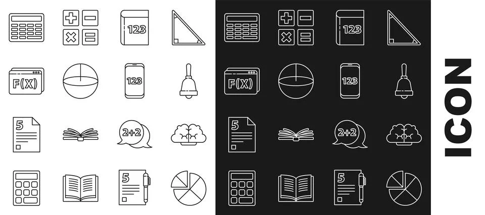 Set line Abacus, Graph, schedule, chart, diagram, Test or exam sheet, and pen Stock Illustration
