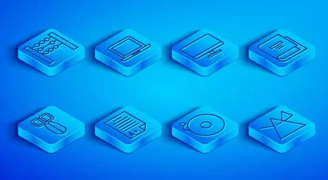 Set line Abacus, Laptop, Computer monitor screen, Exam sheet with plus grade Illustrazione stock