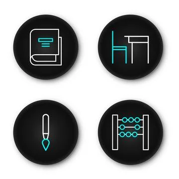 Set line Abacus, Paint brush, School table and chair and Book icon. Vector 스톡 일러스트