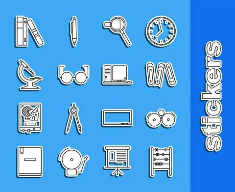 Set line Abacus, Ringing alarm bell, Paper clip, Magnifying glass, Glasses Stock Illustration