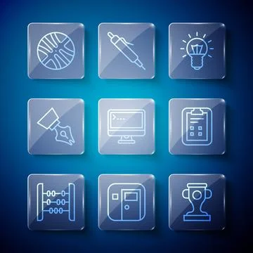 Set line Abacus School classroom Award cup Light bulb Computer monitor Founta 库存插图