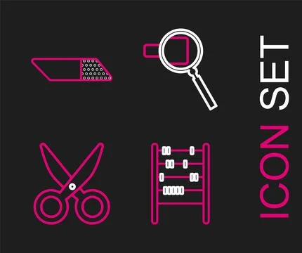 Set line Abacus, Scissors, Magnifying glass and Eraser rubber icon. Vector Stock Illustration