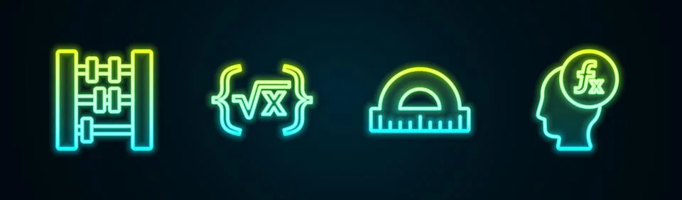 Set line Abacus, Square root of x glyph, Protractor and Function mathematical Stock Illustration