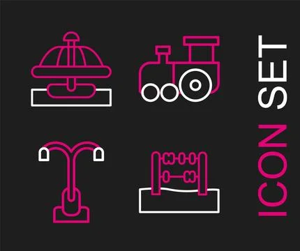 Set line Abacus, Street light, Toy train and Attraction carousel icon. Vector 스톡 일러스트