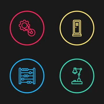 Set line Abacus, Table lamp, Locker or changing room and Timing belt kit icon Stock Illustration