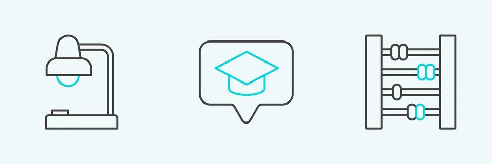 Set line Abacus, Table lamp and Graduation cap in speech bubble icon. Vector Stock Illustration