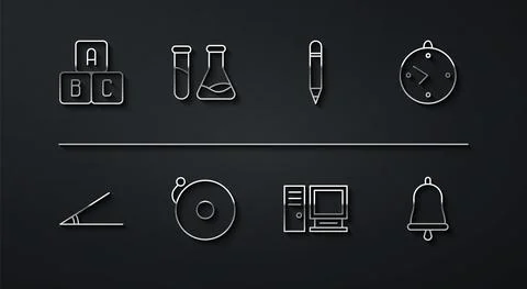 Set line ABC blocks, Acute angle, Clock, Computer monitor, Ringing alarm bell Stock Illustration