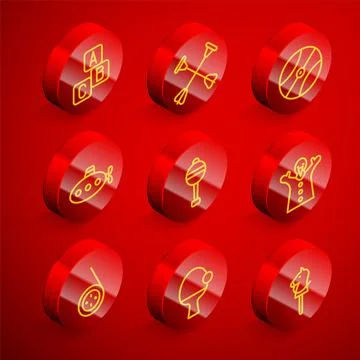 Set line ABC blocks, Arrow with sucker tip, Basketball ball, Submarine toy Stock-Illustration