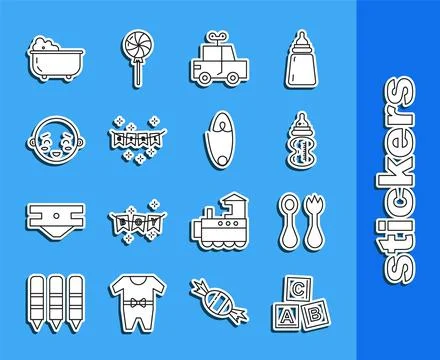 Set line ABC blocks, Baby cutlery with fork and spoon, bottle, Toy car, Carnival Ilustração Stock