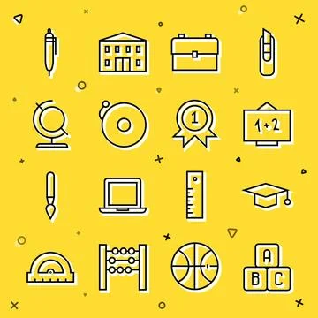 Set line ABC blocks, Graduation cap, Chalkboard, School backpack, Ringing a.. Stock Illustration