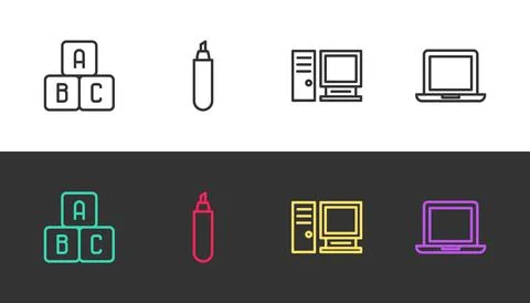 Set line ABC blocks, Marker pen, Computer monitor and Laptop on black and white Stock Illustration