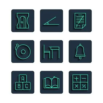 Set line ABC blocks, Open book, Calculator, Exam paper with incorrect answers 스톡 일러스트