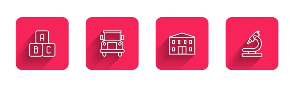 Set line ABC blocks, School Bus, building and Microscope with long shadow. Red Stock Illustration