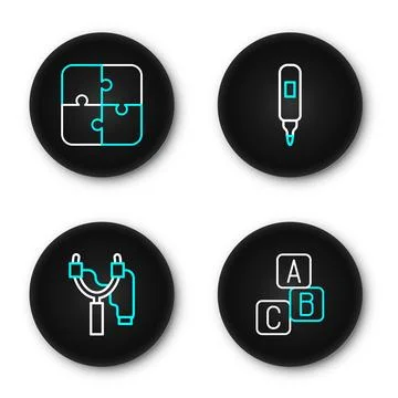 Set line ABC blocks, Slingshot, Marker pen and Puzzle pieces toy icon. Vector Stockillustratie