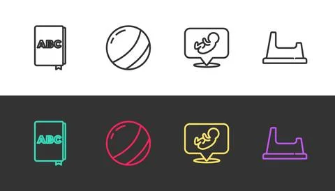 Set line ABC book, Beach ball, Baby and potty on black and white. Vector Stock Illustration