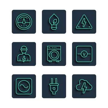 Set line AC voltage source, Electric plug, Cloud and lightning, High, Washer 스톡 일러스트