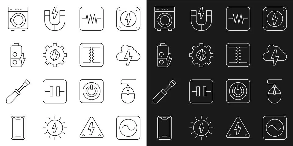 Set line AC voltage source, Computer mouse, Cloud and lightning, Resistor Illustrazione stock