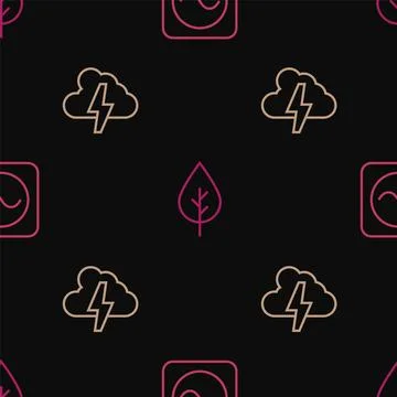 Set line AC voltage source, Cloud and lightning and Leaf Eco symbol on seam.. Stock Illustration